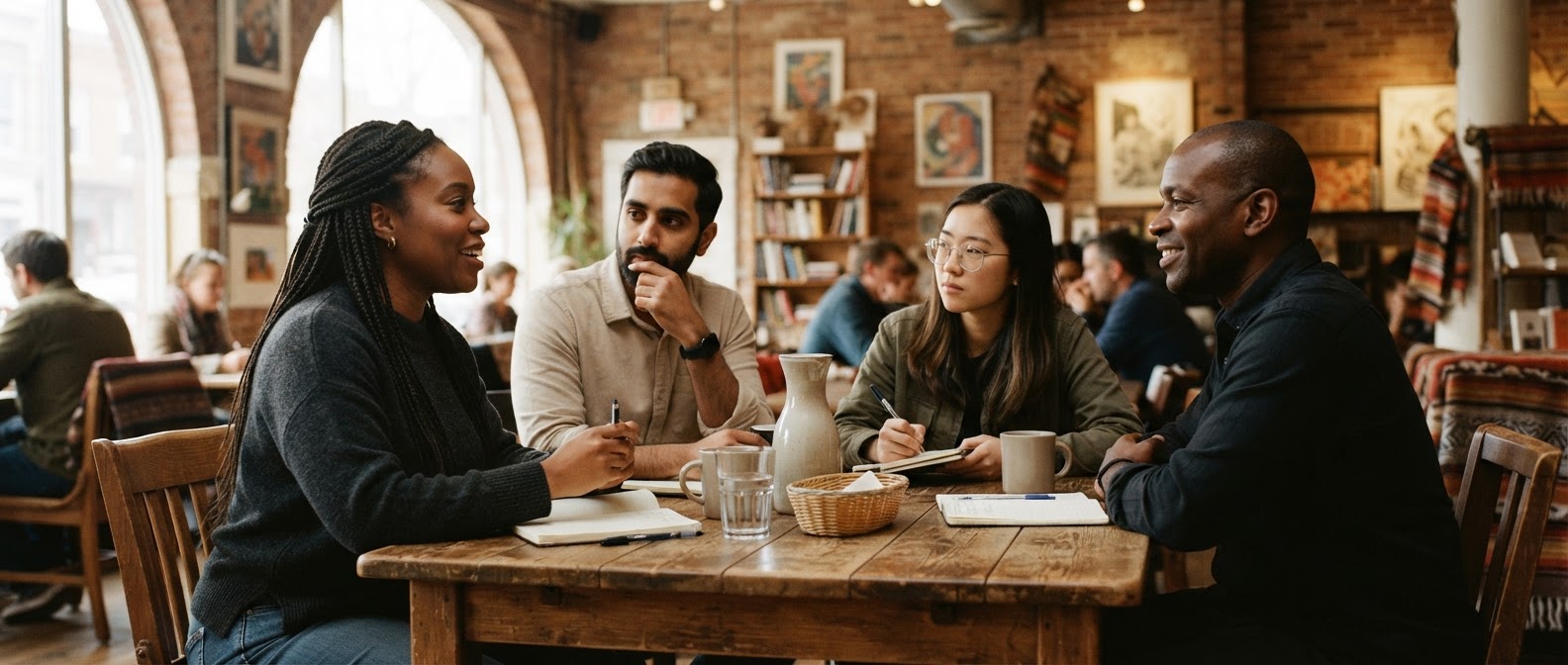 Mensen in gesprek aan een tafel in een caf&eacute;